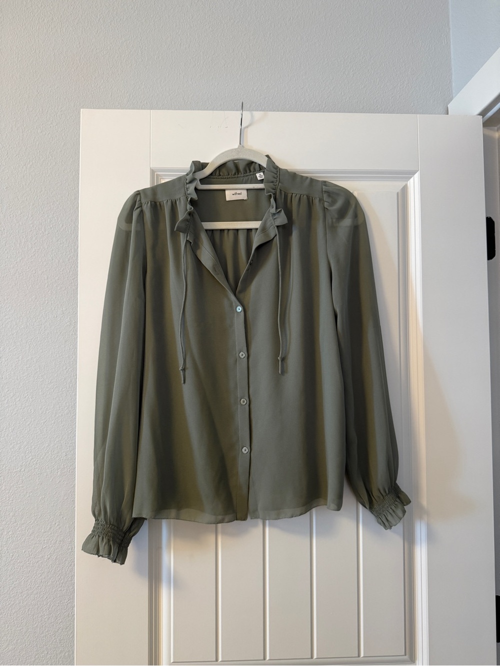 Aritzia Olive Green Ruffle Tie-Neck Blouse